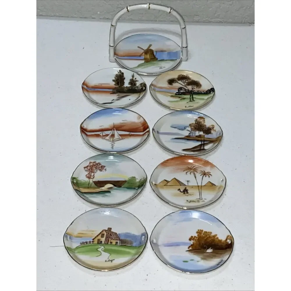 Vtg Lenwile Ardalt Hand Painted 3.5” Coasters With Caddy Occupied Japan Set Of 8